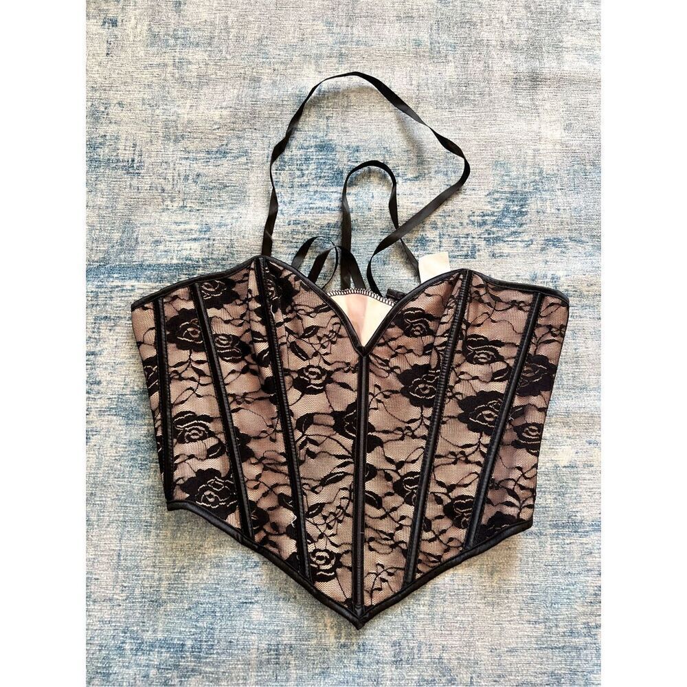 Cream Black Rose Floral Ribbon Lace Up Corset Medium